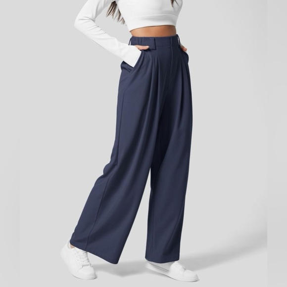 Halara Navy PETITE High Waisted Side Pocket Wide Leg Waffle Work Pants NEW!!!!👖 - Picture 1 of 15
